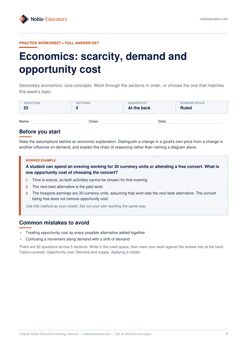 First page of the Economics: scarcity, demand and opportunity cost worksheet