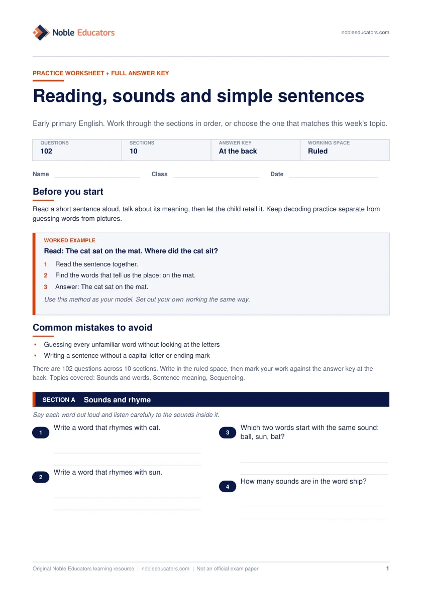 First page of the Reading, sounds and simple sentences worksheet
