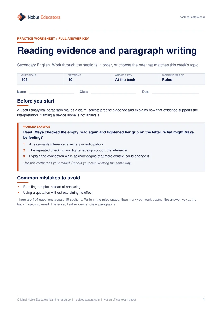 First page of the Reading evidence and paragraph writing worksheet