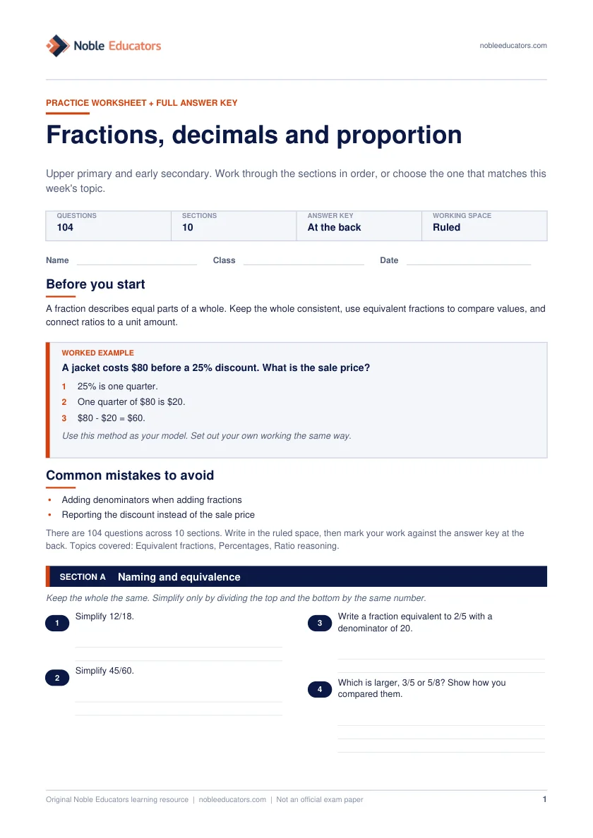 First page of the Fractions, decimals and proportion worksheet