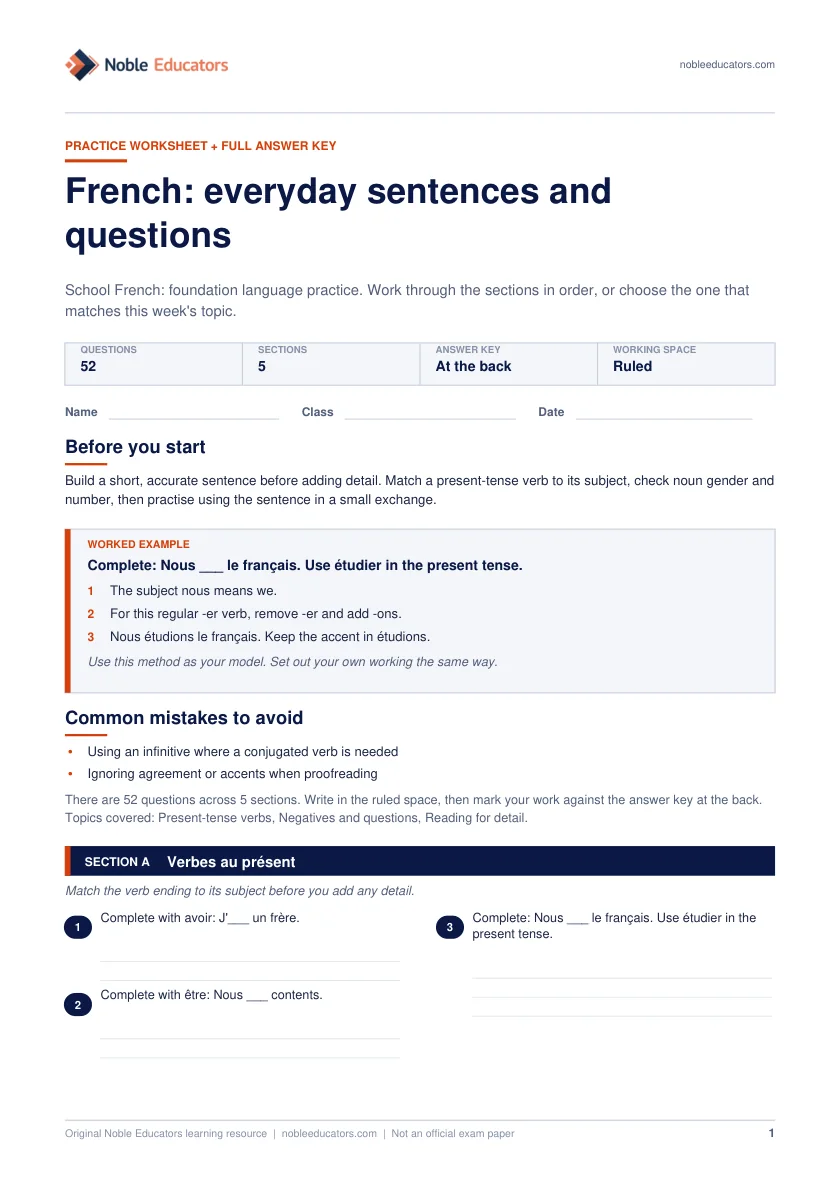 First page of the French: everyday sentences and questions worksheet