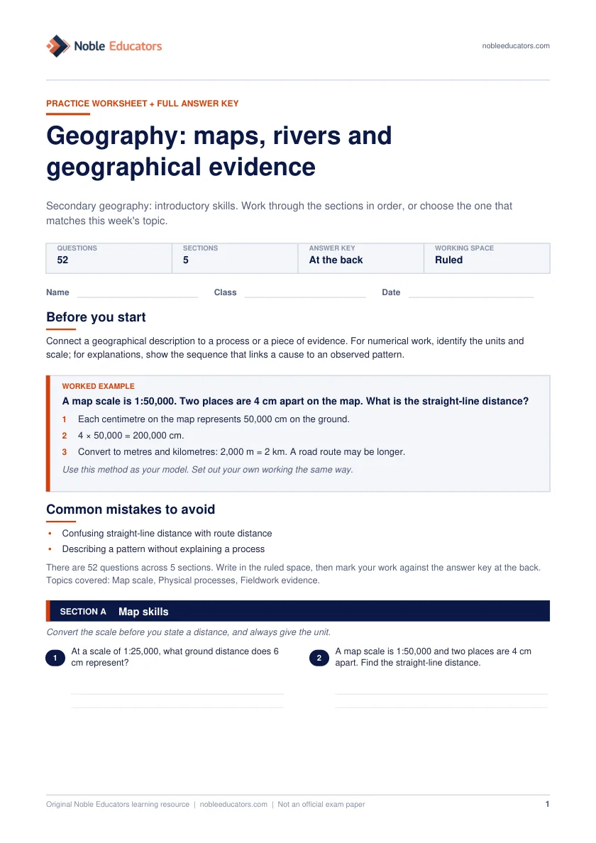 First page of the Geography: maps, rivers and geographical evidence worksheet