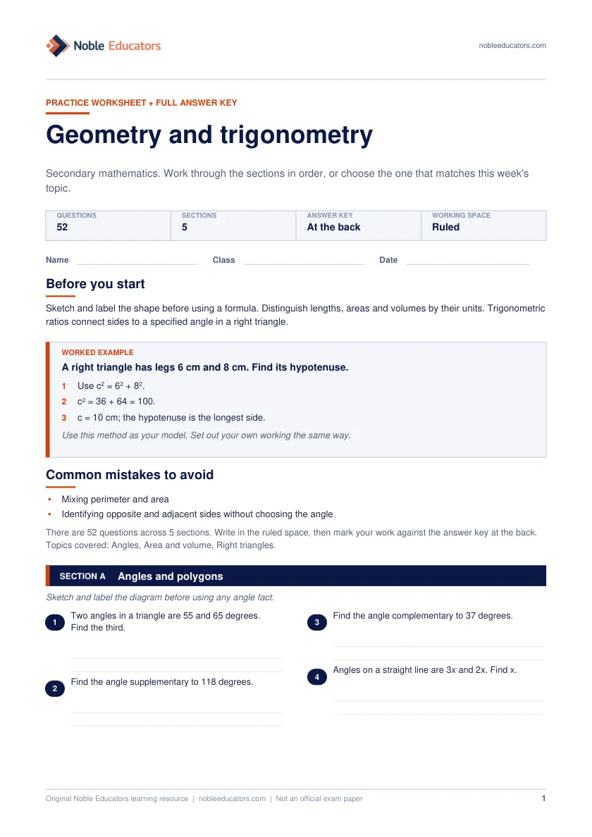 First page of the Geometry and trigonometry worksheet