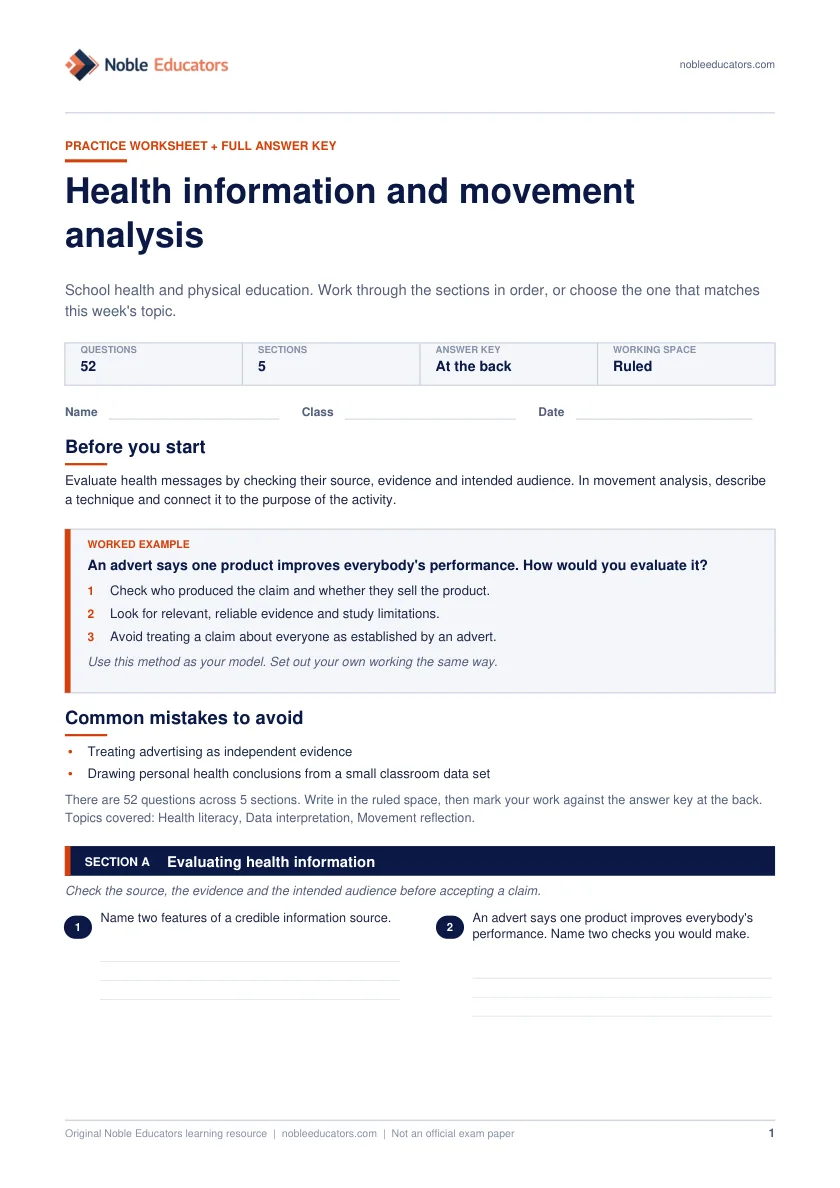First page of the Health information and movement analysis worksheet