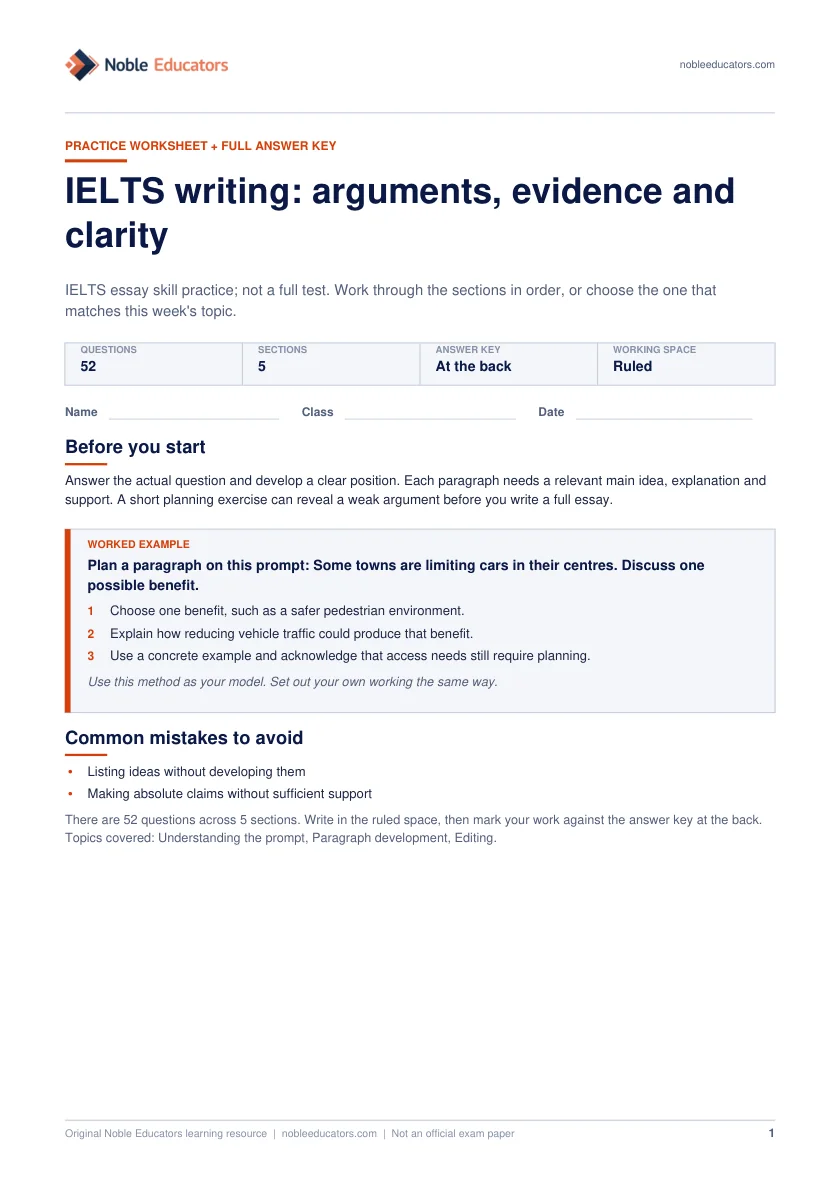 First page of the IELTS writing: arguments, evidence and clarity worksheet