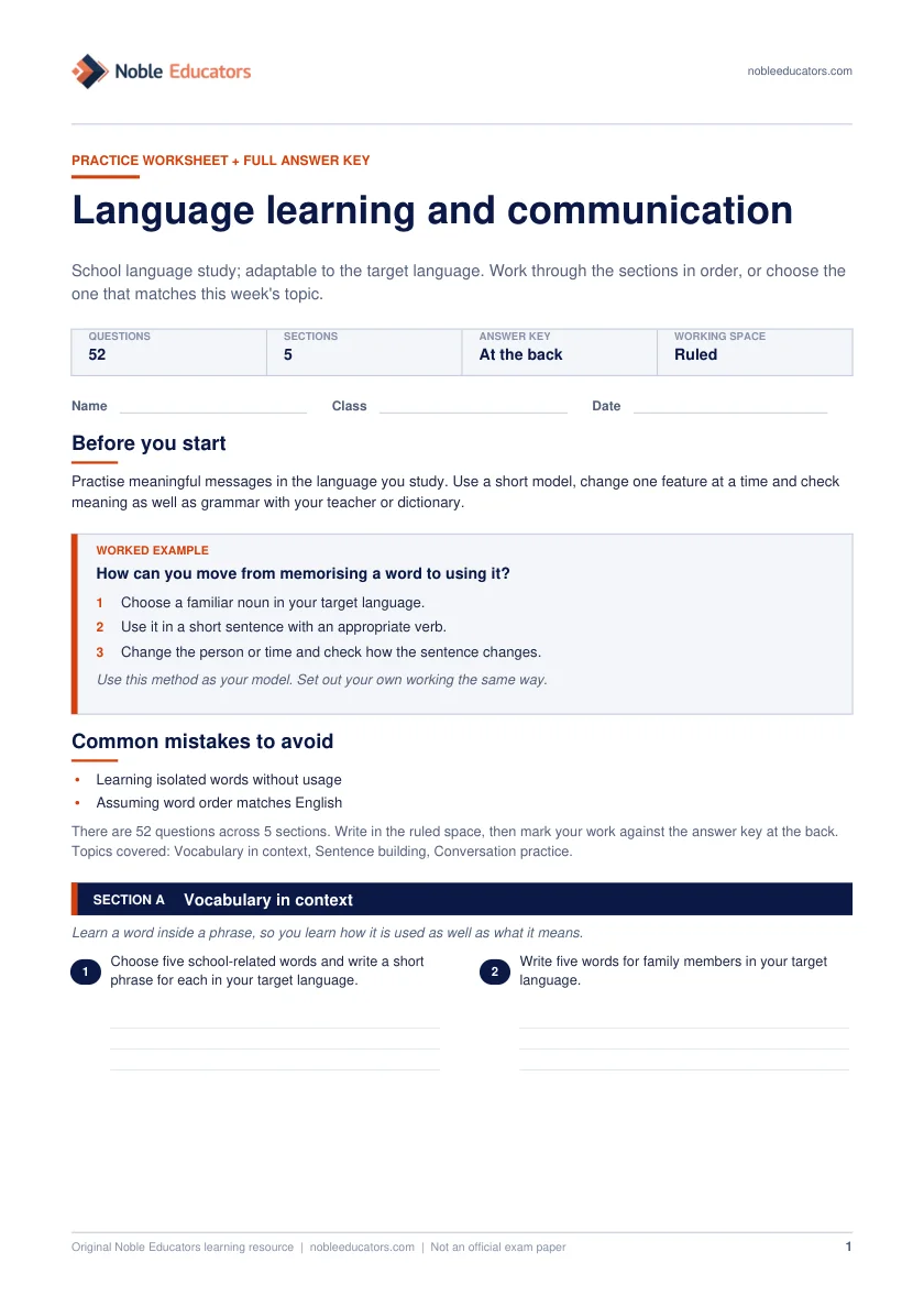 First page of the Language learning and communication worksheet