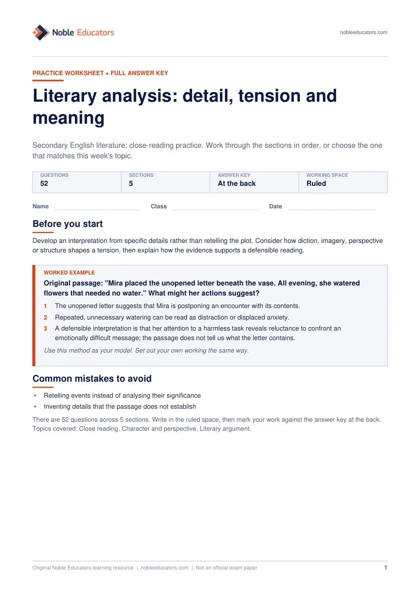 First page of the Literary analysis: detail, tension and meaning worksheet