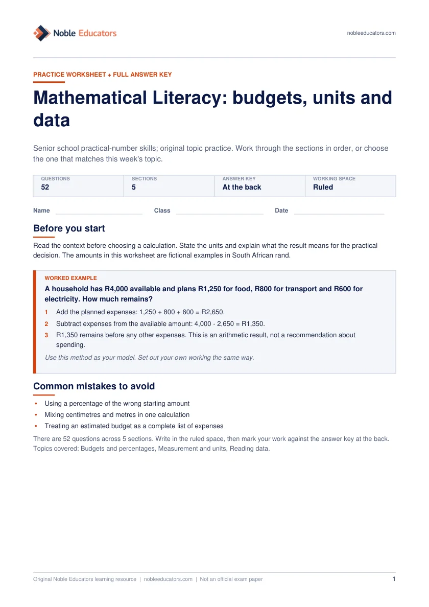 First page of the Mathematical Literacy: budgets, units and data worksheet