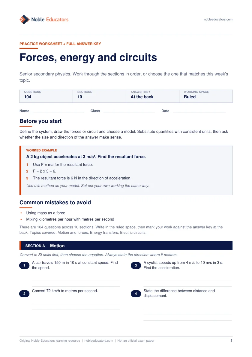 First page of the Forces, energy and circuits worksheet