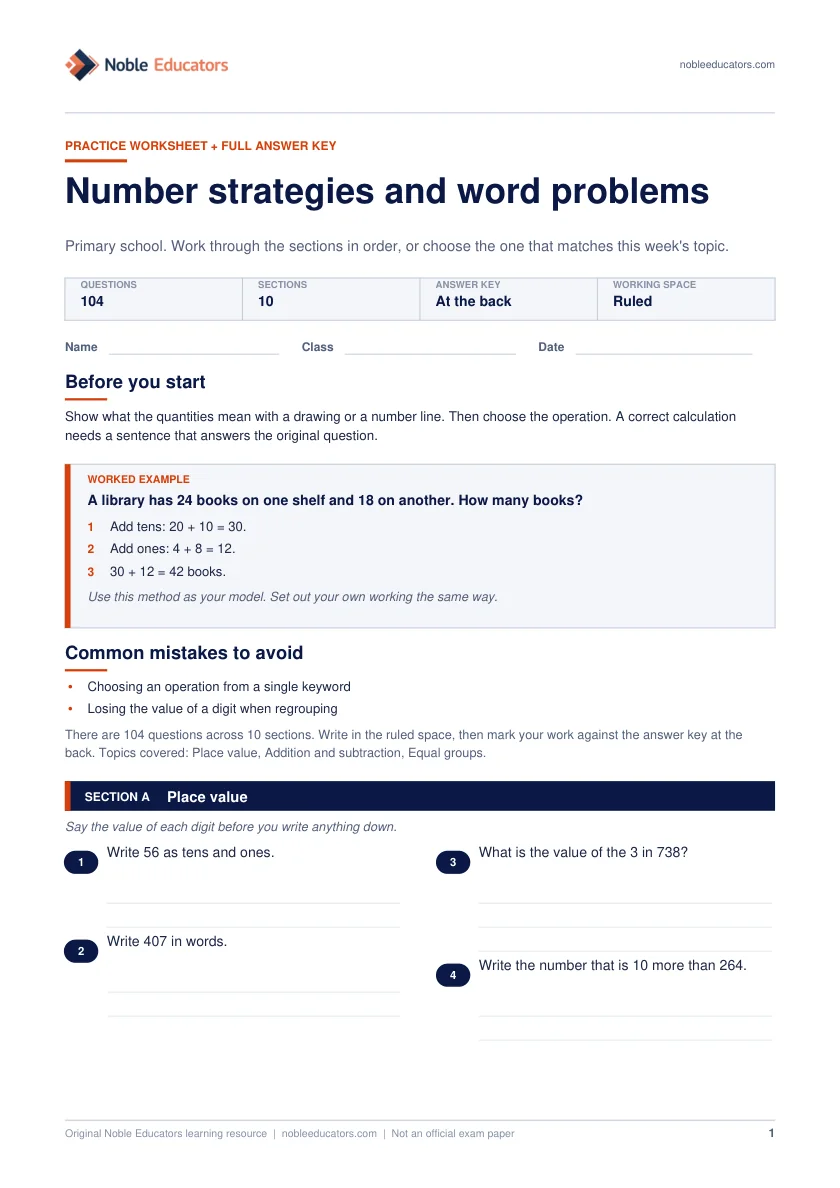 First page of the Number strategies and word problems worksheet