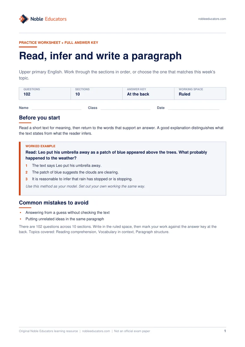 First page of the Read, infer and write a paragraph worksheet