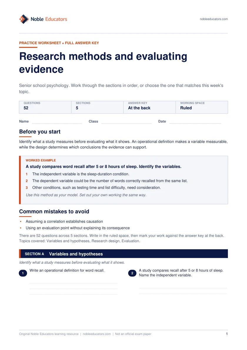 First page of the Research methods and evaluating evidence worksheet