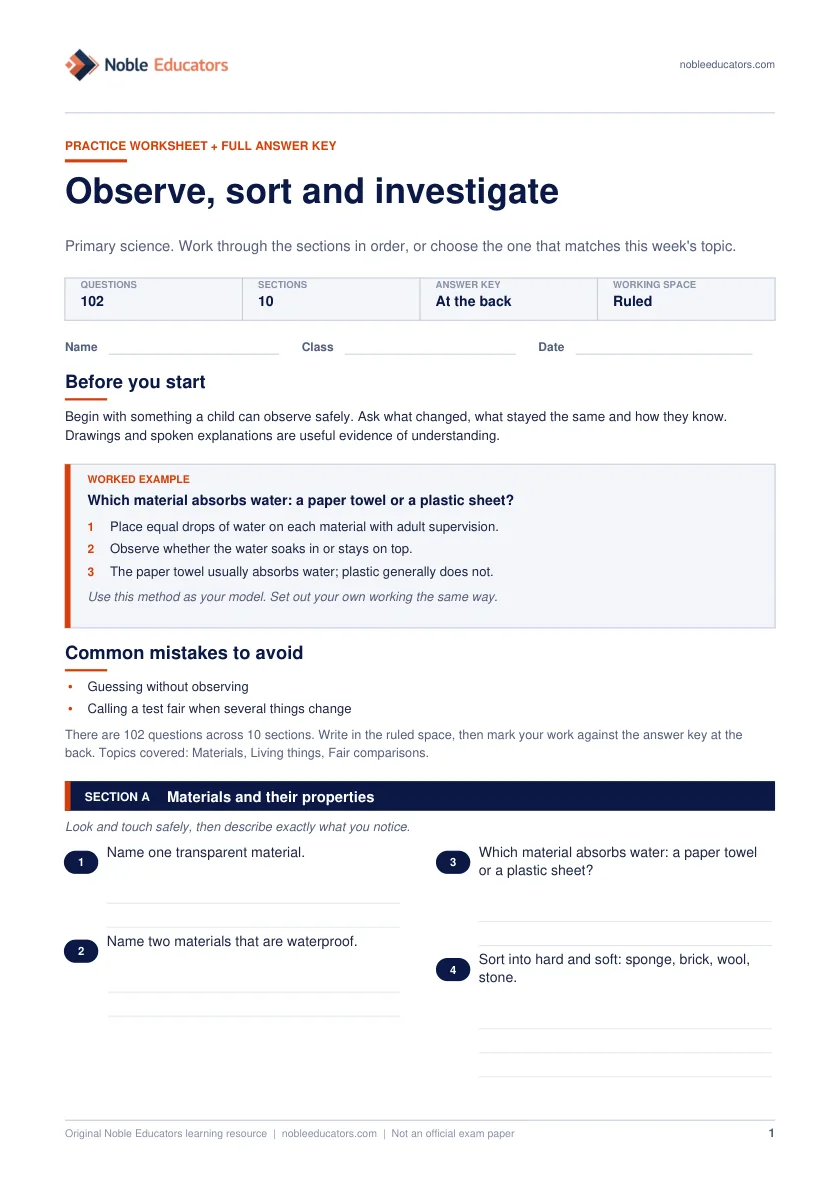 First page of the Observe, sort and investigate worksheet