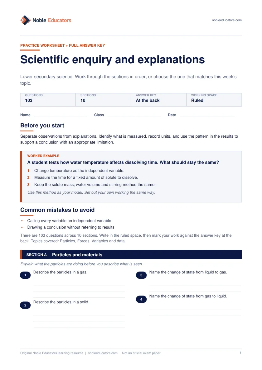 First page of the Scientific enquiry and explanations worksheet