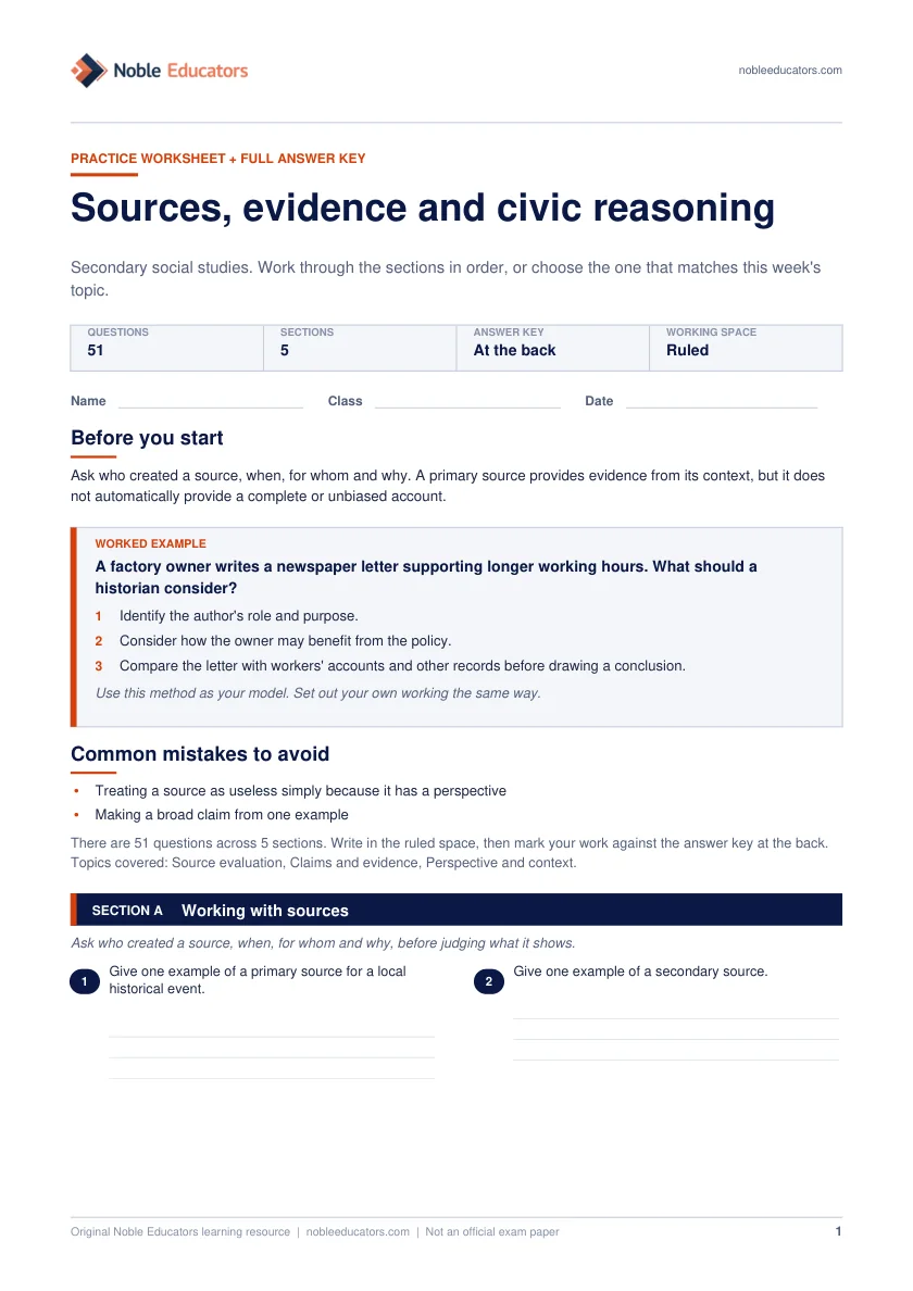 First page of the Sources, evidence and civic reasoning worksheet