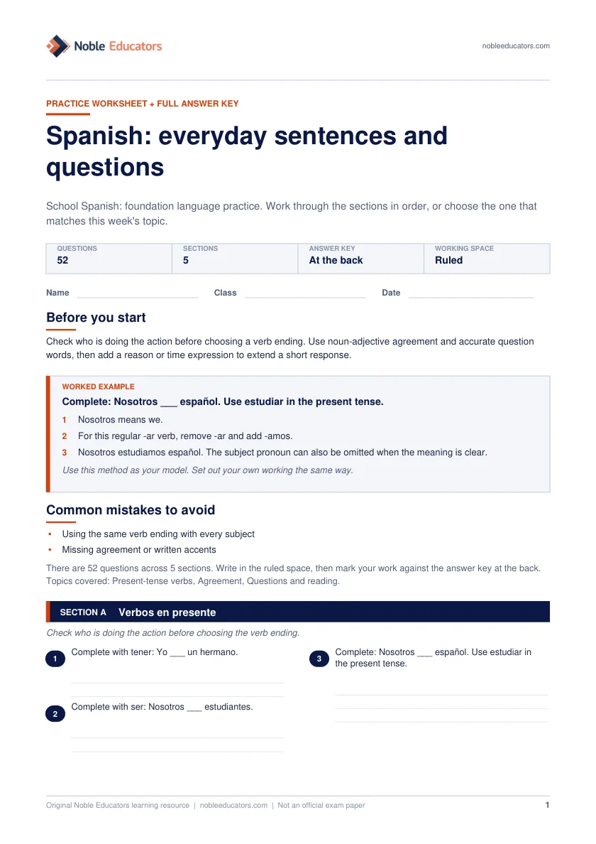First page of the Spanish: everyday sentences and questions worksheet