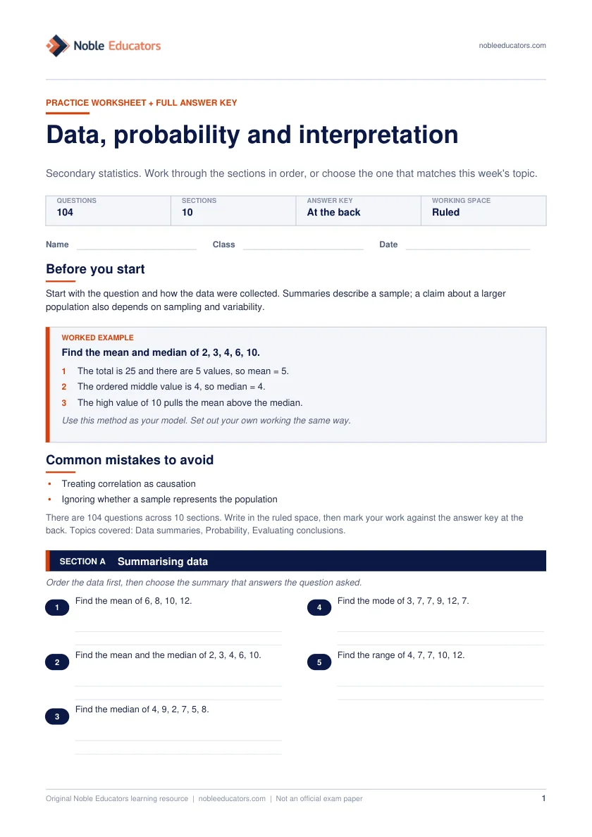 First page of the Data, probability and interpretation worksheet