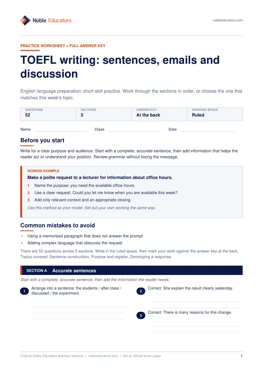 First page of the TOEFL writing: sentences, emails and discussion worksheet