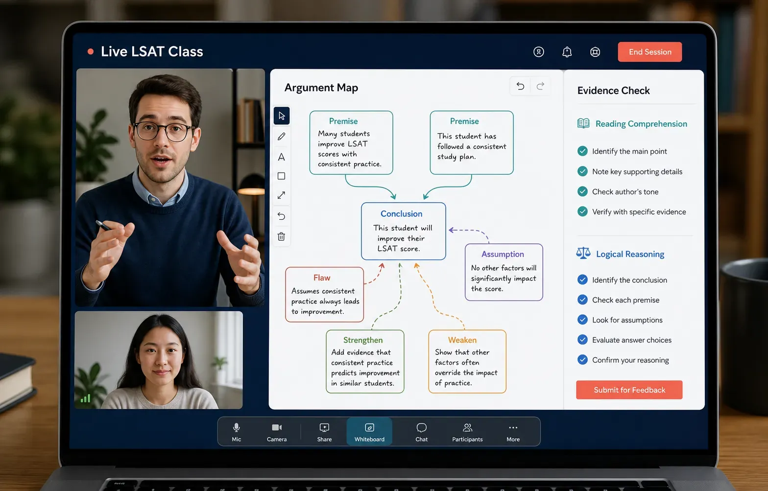 Live one-on-one LSAT class interface with argument map and evidence checklist