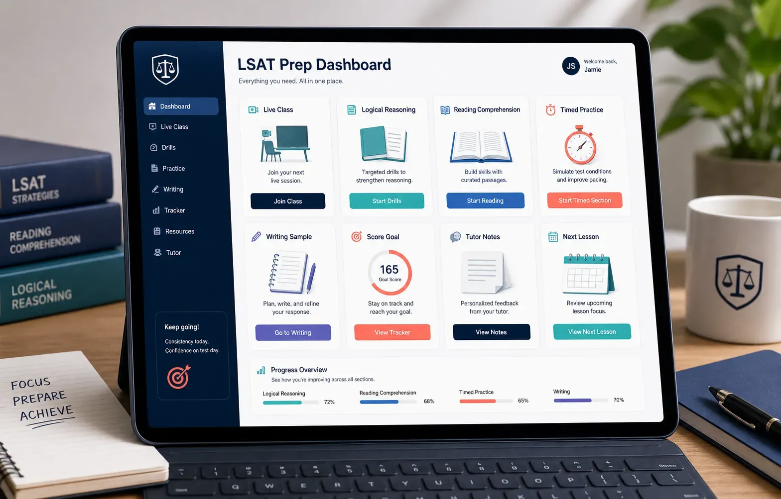 LSAT prep dashboard with live class, drills, timed practice, writing, and score tracking