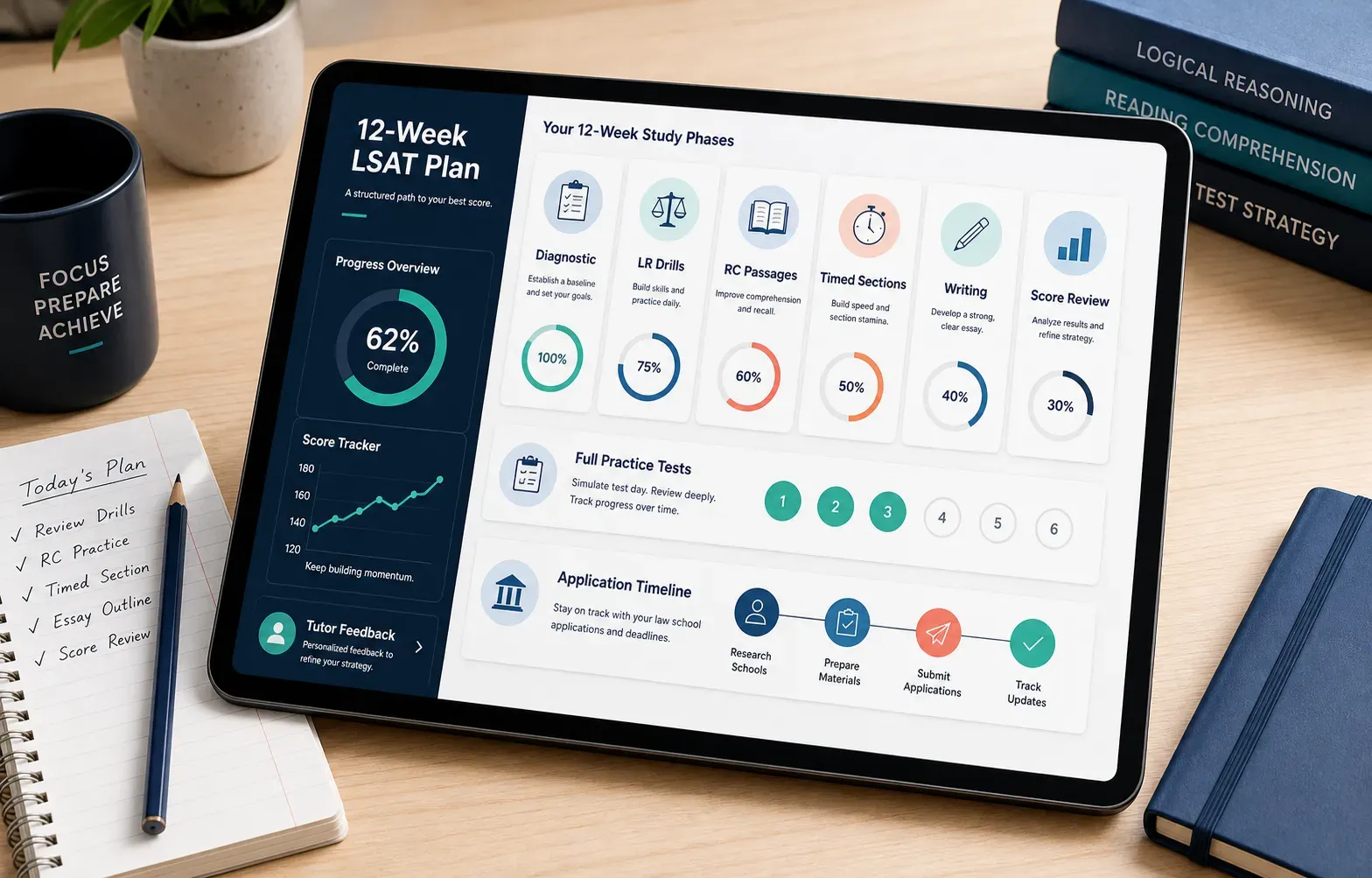 LSAT 12-week study planner with diagnostic, drills, timed sections, writing, and score review