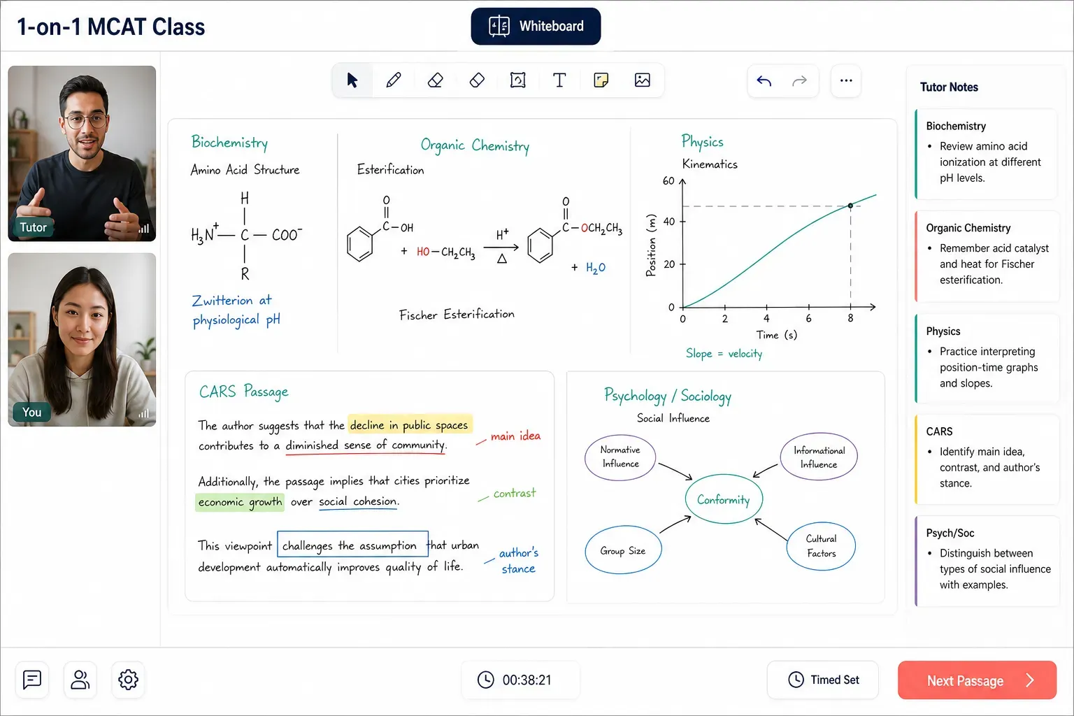 1-on-1 MCAT class interface with biochemistry, organic chemistry, physics, CARS, psychology, sociology, and tutor notes