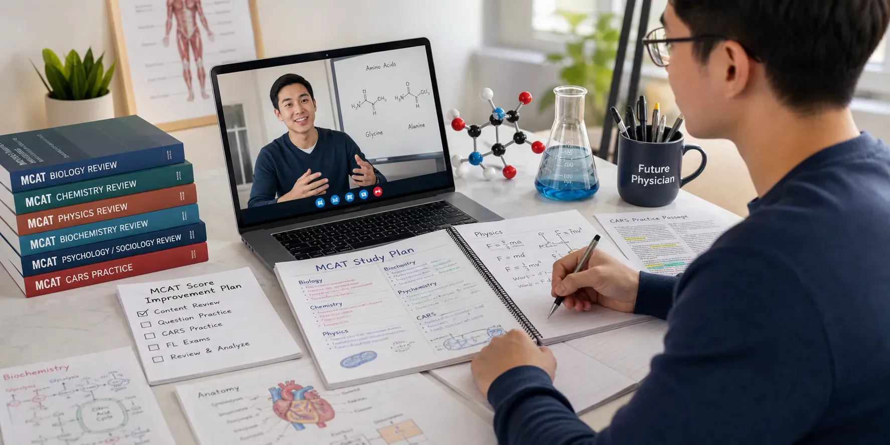 MCAT student taking 1-on-1 online tutoring with biology, chemistry, physics, biochemistry, CARS, and study plan materials