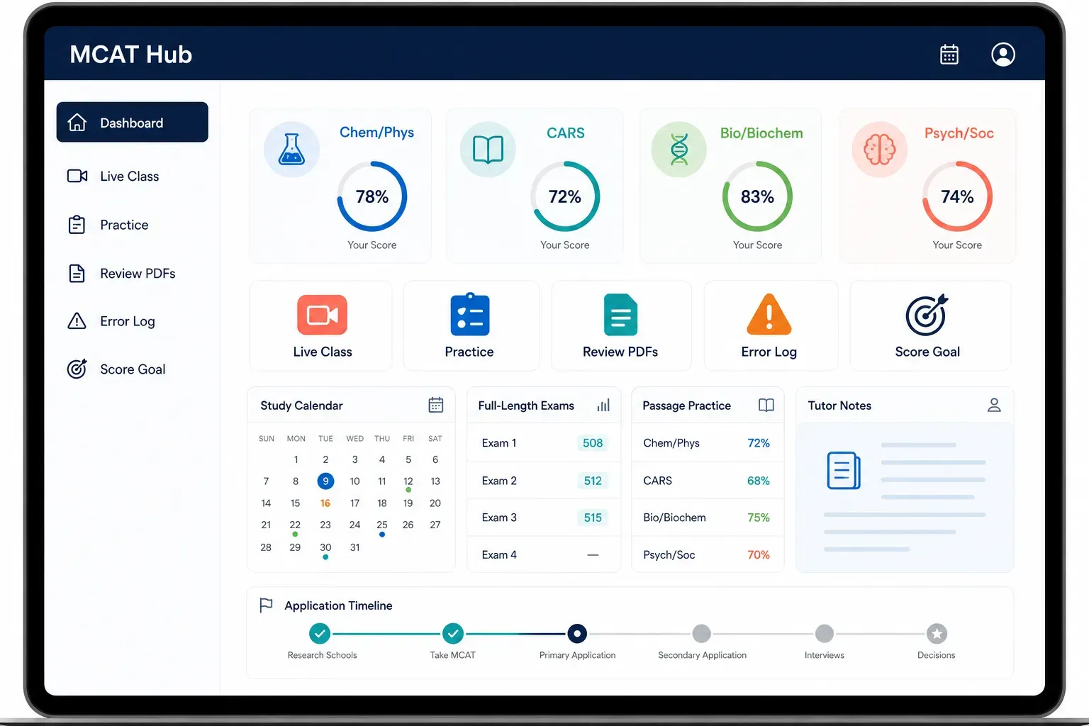 MCAT student dashboard showing Chem/Phys, CARS, Bio/Biochem, Psych/Soc, live class, practice, review PDFs, score goal, and application timeline