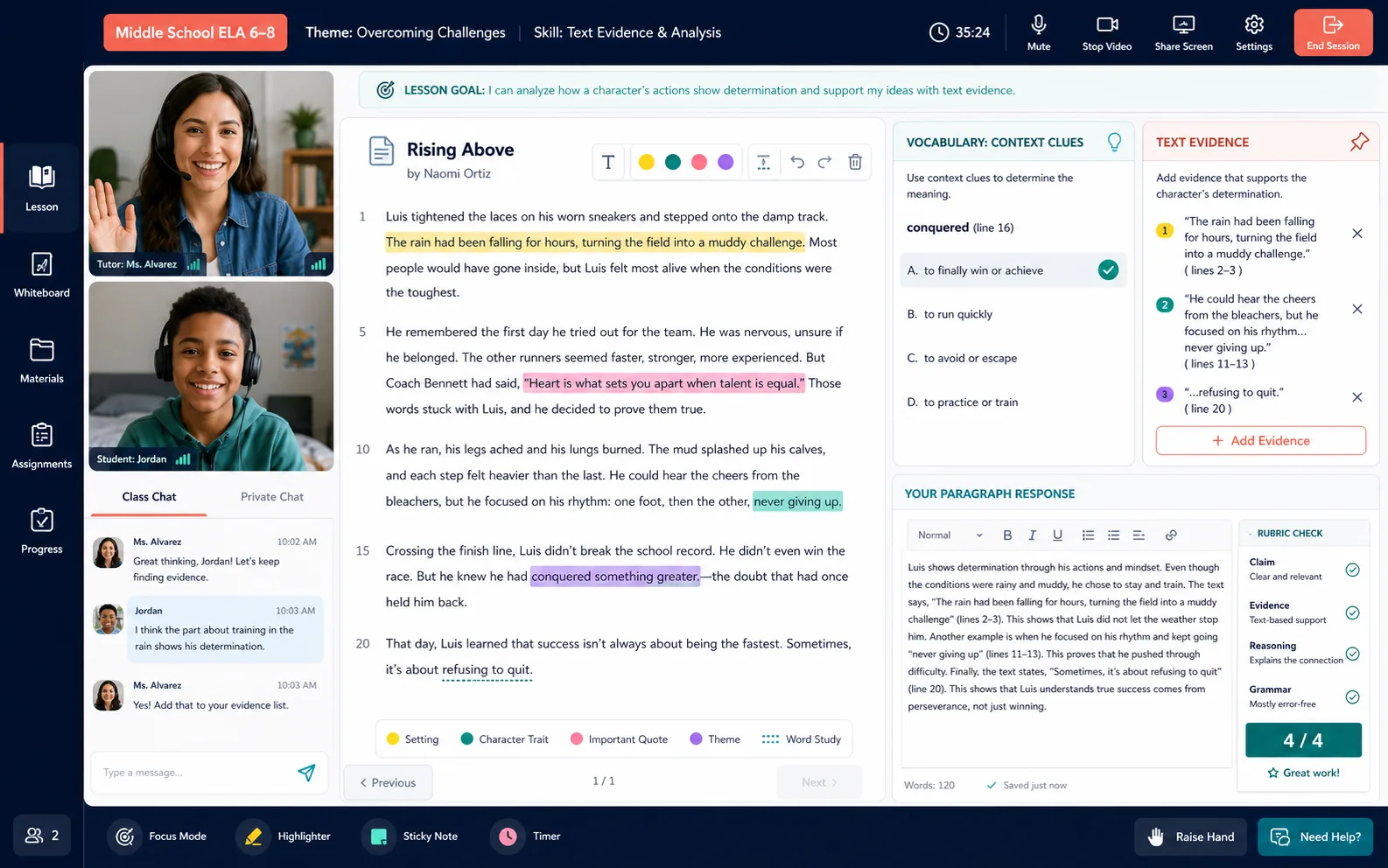 One-on-one Middle School ELA tutoring interface with tutor and student video, annotated passage, vocabulary context clues, text evidence, and paragraph response rubric