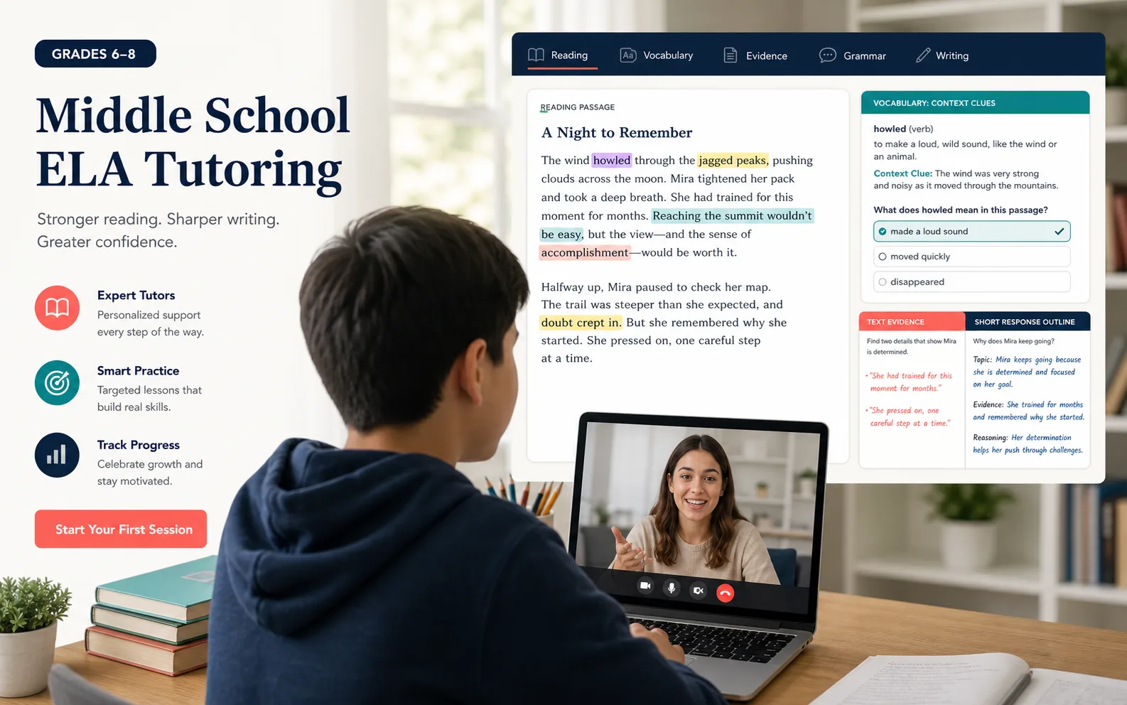 Online Middle School ELA tutoring session with reading passage annotation, vocabulary context clues, text evidence, and short response planning