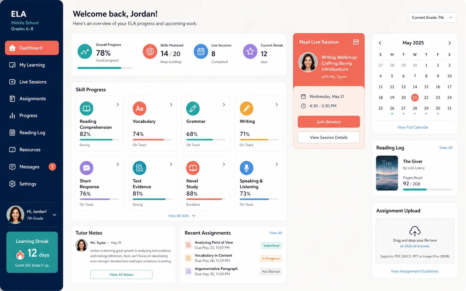 Middle School ELA student dashboard with reading comprehension, vocabulary, grammar, writing, short response, text evidence, novel study, and tutor notes