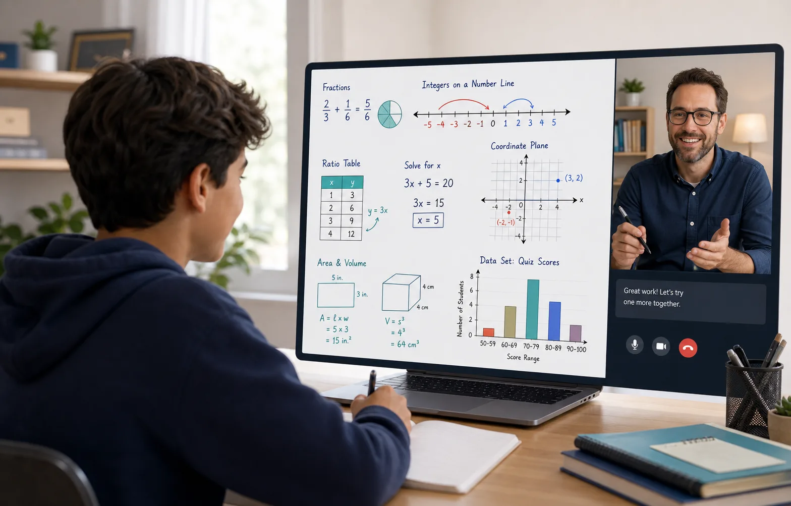 Online Middle School Math tutoring with fractions, integer number lines, ratio tables, equations, graphs, and data practice