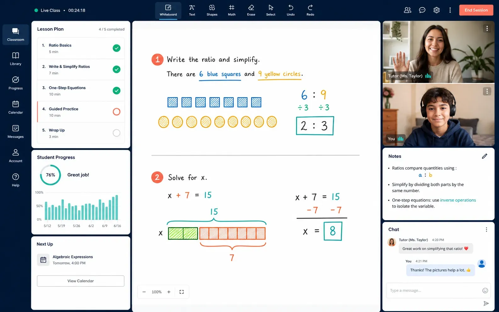 Live one-on-one Pre-Algebra class with tutor video and shared whiteboard