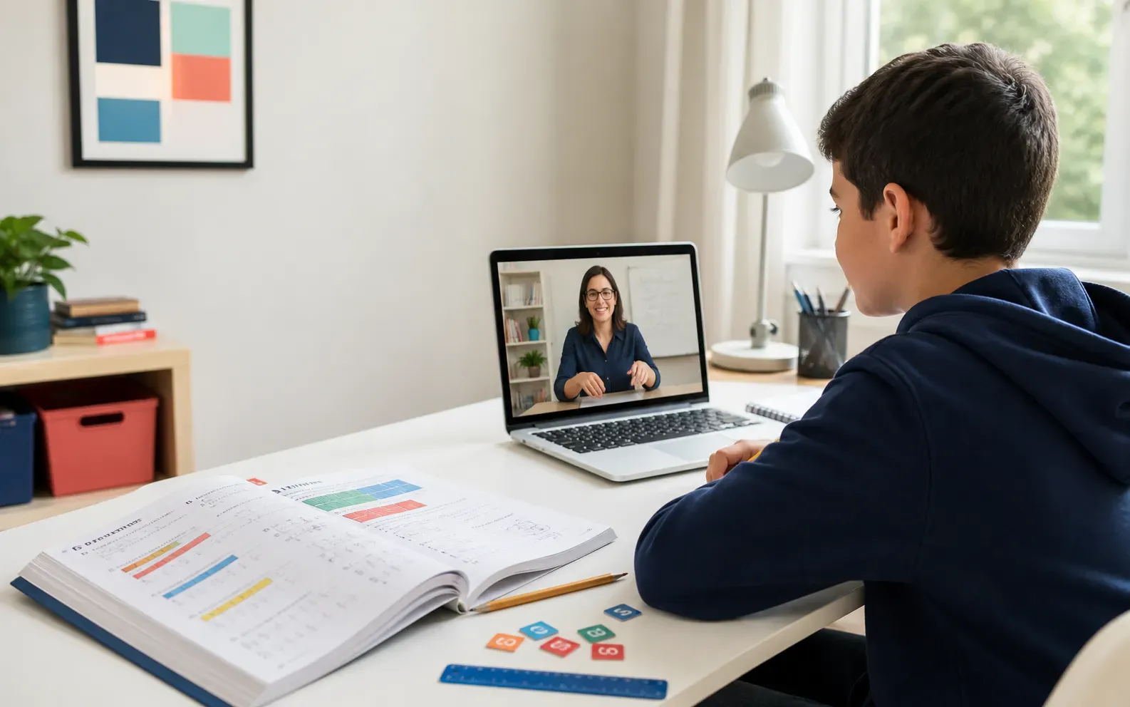 Middle school student learning Pre-Algebra with a tutor on a laptop