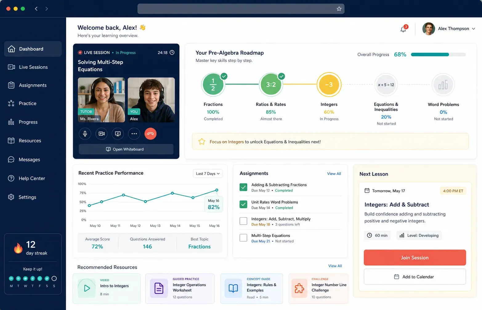 Pre-Algebra student dashboard with a live lesson, practice, and progress