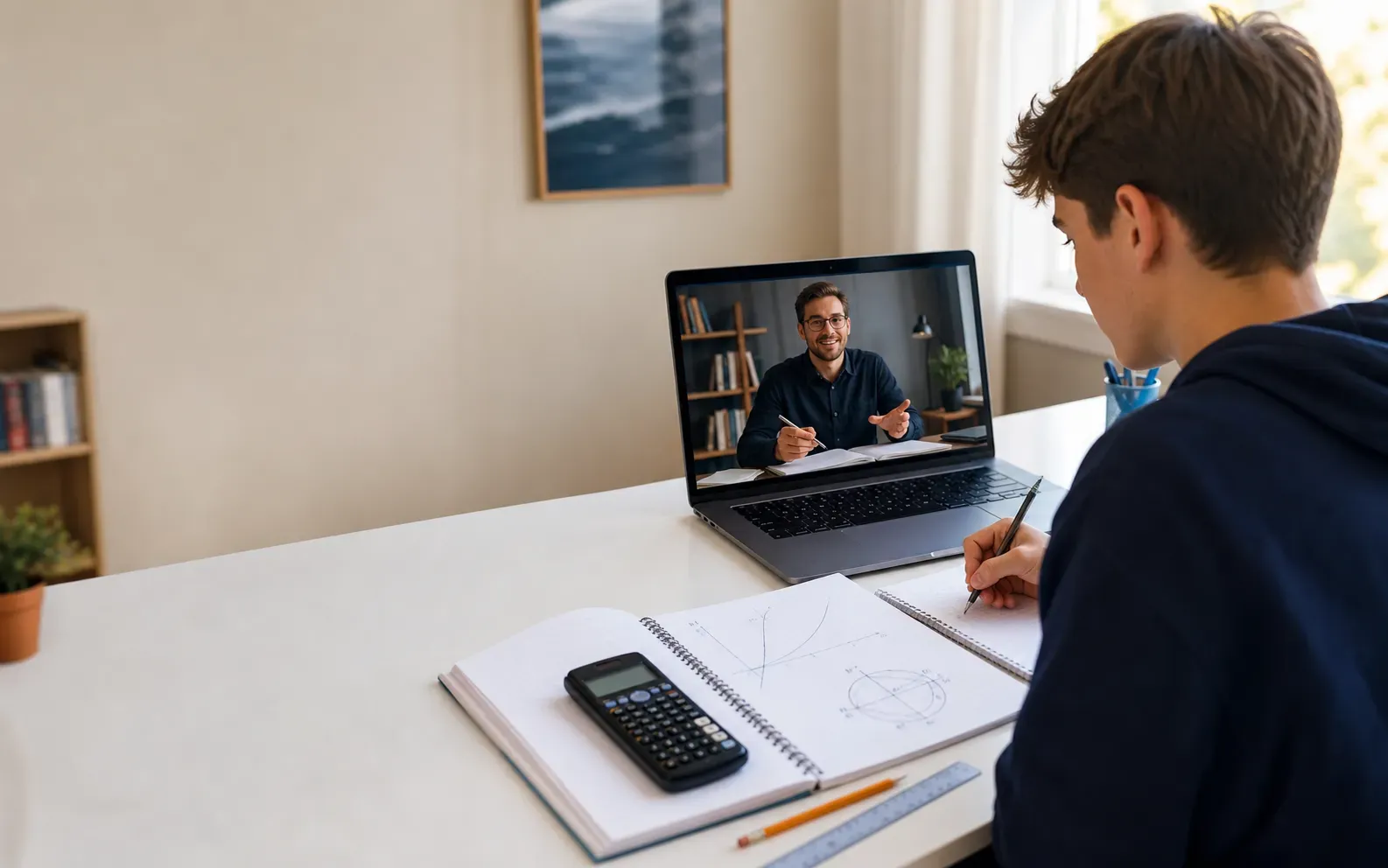 High school student learning Pre-Calculus online with a tutor on a laptop