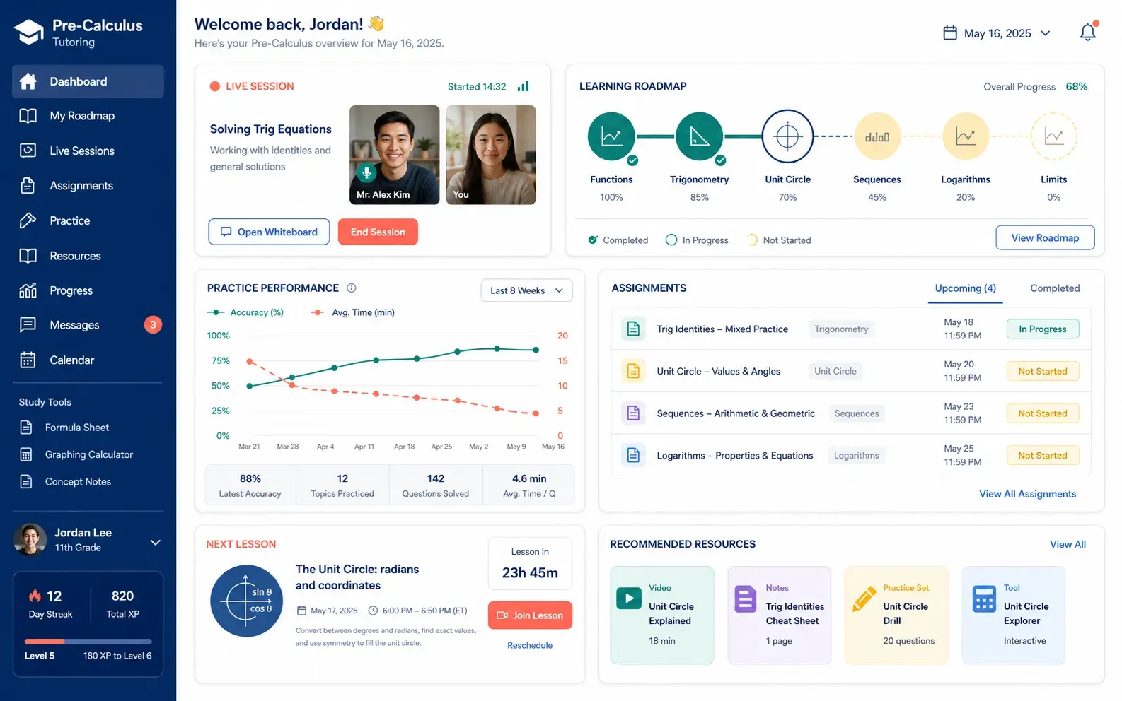 Pre-Calculus student dashboard with live session, roadmap, and study resources