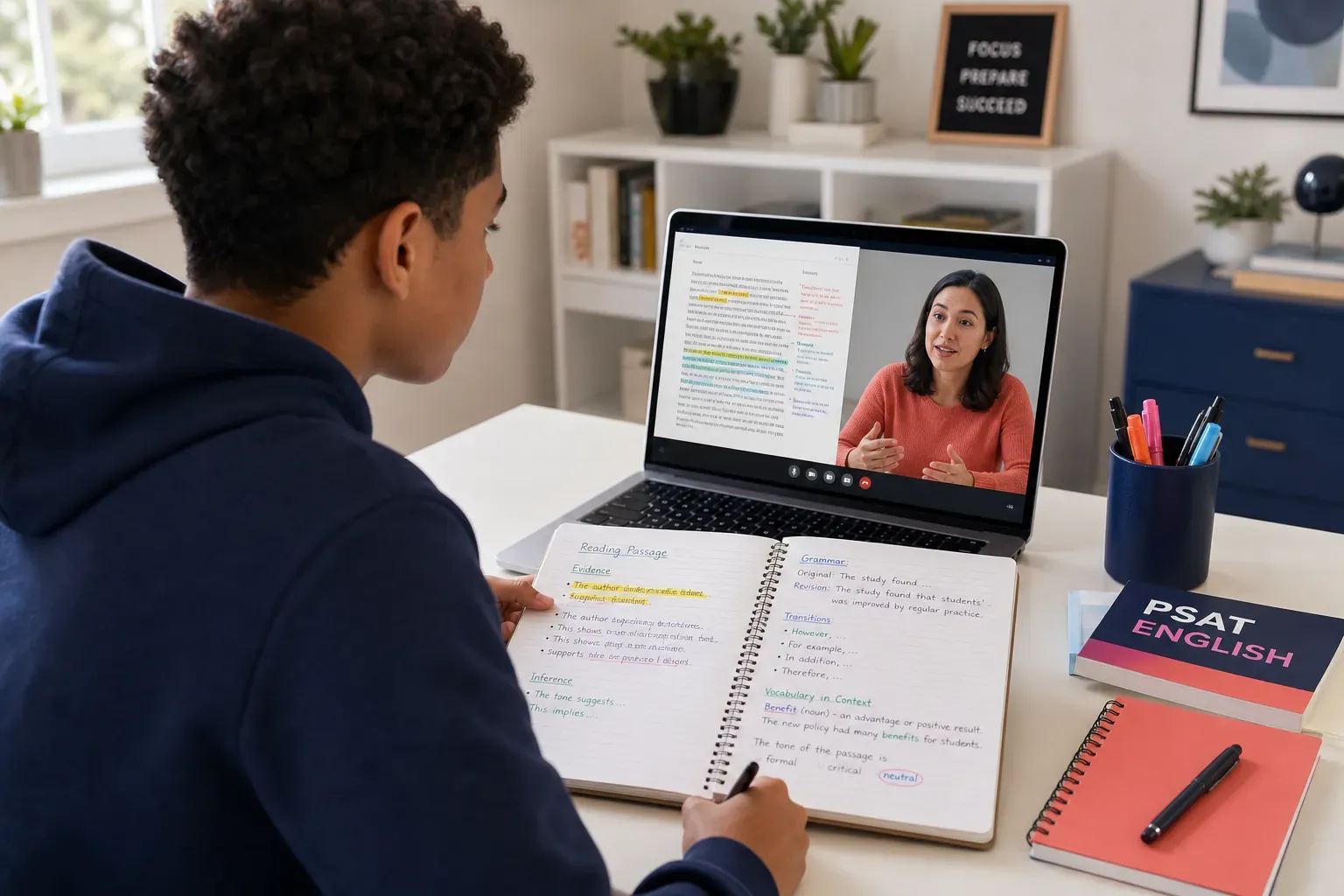 High school student working with a PSAT/NMSQT English tutor online