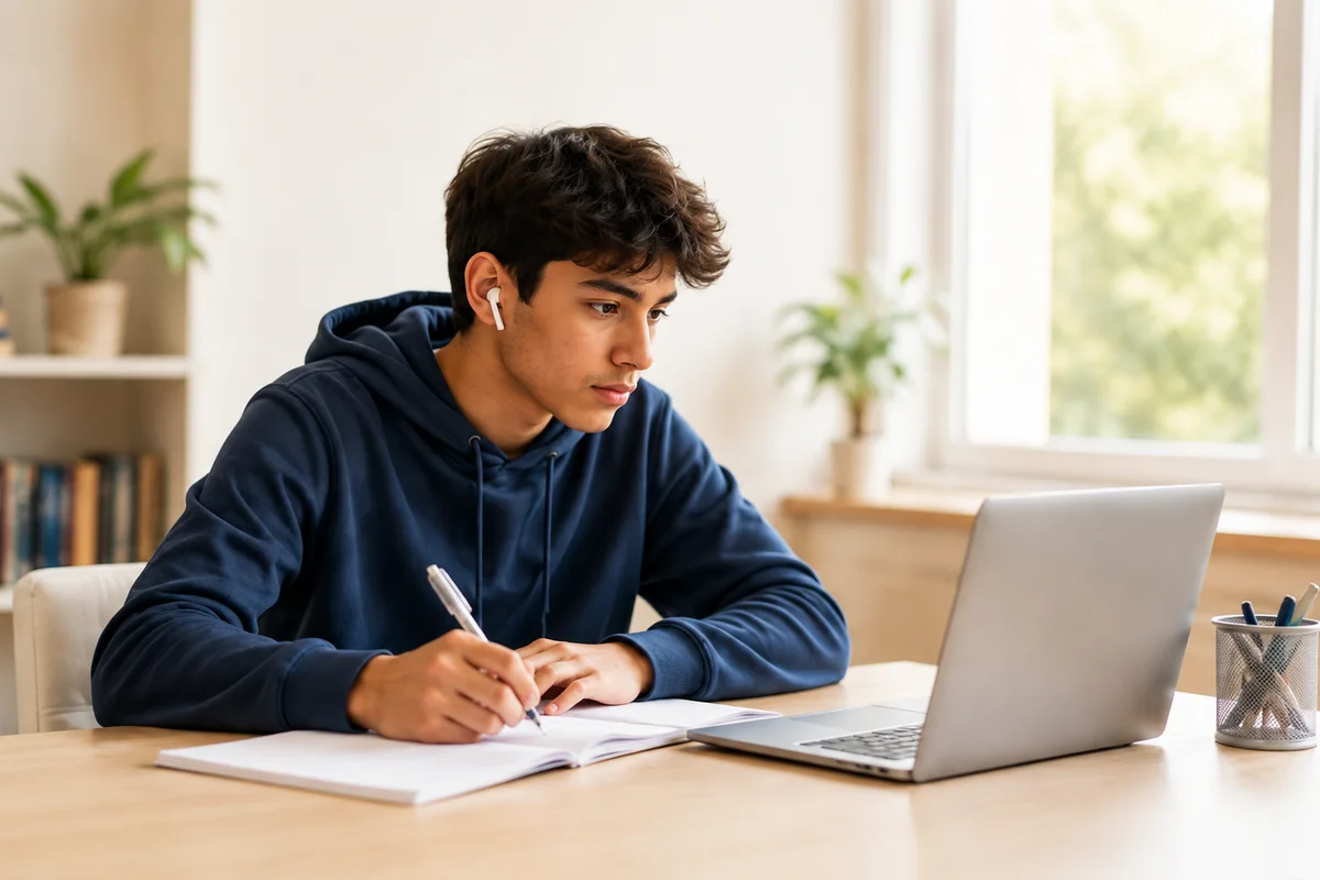 Student working on SAT practice beside a laptop