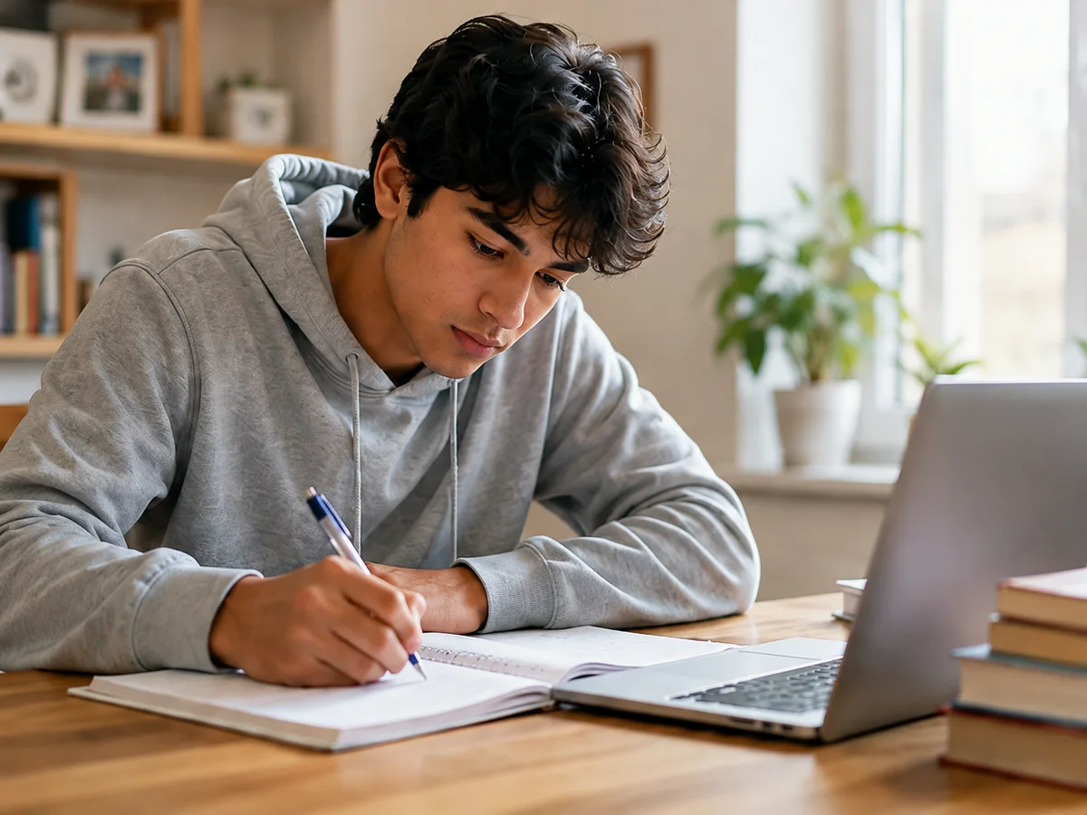 Student working through a lesson in a notebook beside a laptop